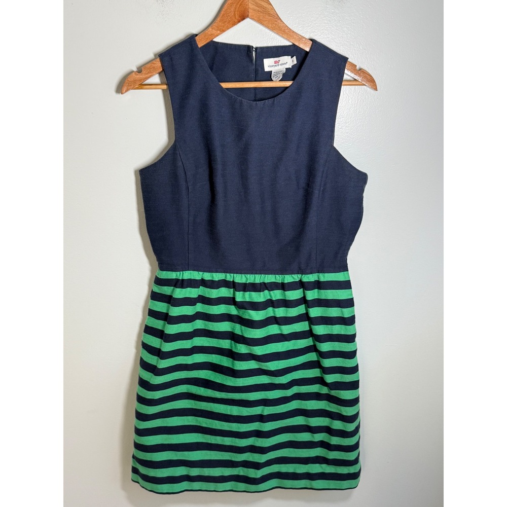 Vineyard Vines Womens Navy Blue Green Striped Sleeveless Shift Dress Size 8